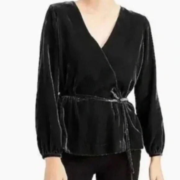 J.CREW Women's Black Velvet Peplum Long Sleeve V-neck Top 10 NEW - Picture 1 of 6